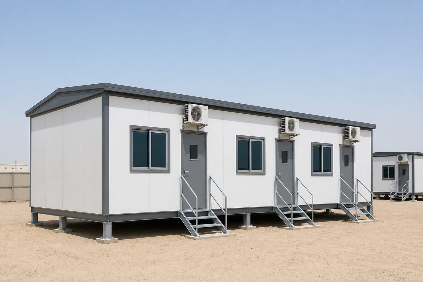 Row of accommodation cabins with split AC units and steel stairs